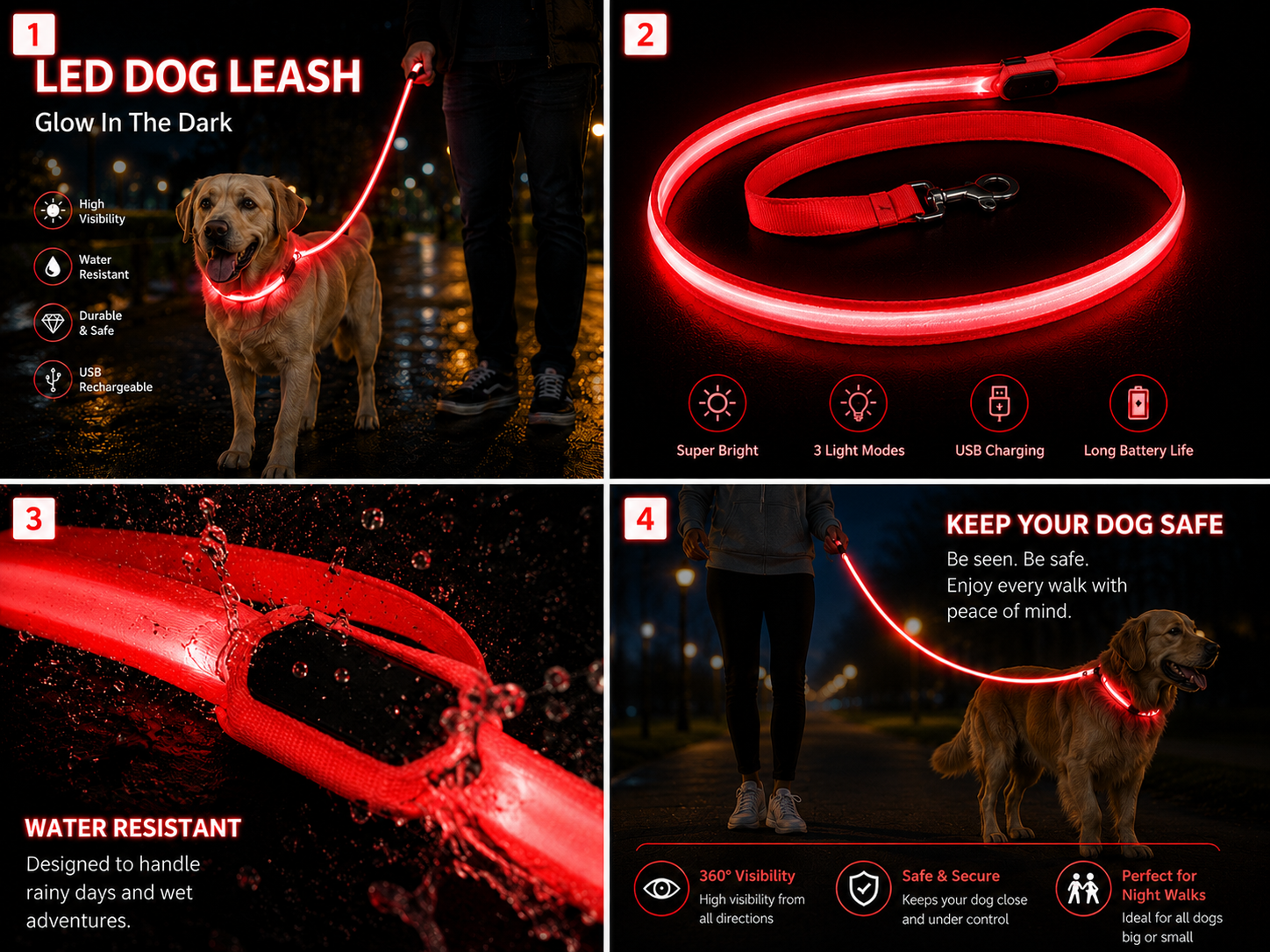 USB Rechargeable LED Dog Leash – Glowing Safety Leash with 3 Light Modes for Night Walking | Small, Medium & Large Dogs