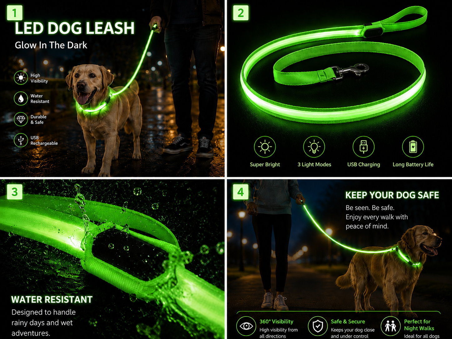 USB Rechargeable LED Dog Leash – Glowing Safety Leash with 3 Light Modes for Night Walking | Small, Medium & Large Dogs