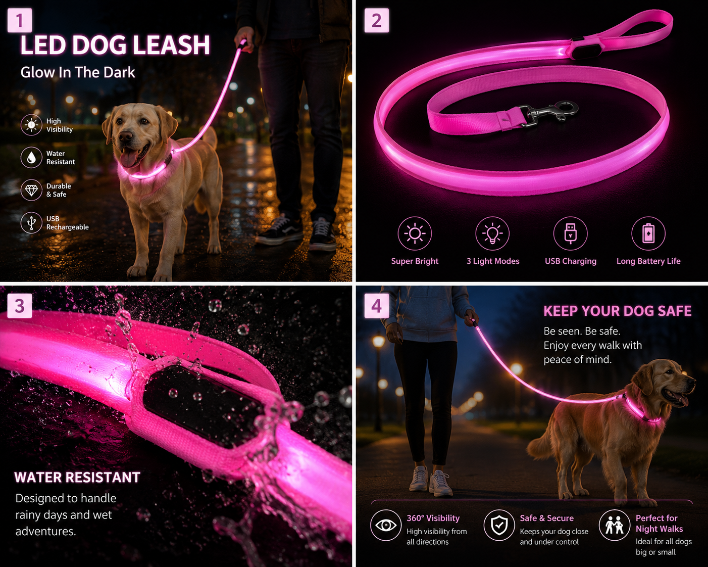 USB Rechargeable LED Dog Leash – Glowing Safety Leash with 3 Light Modes for Night Walking | Small, Medium & Large Dogs