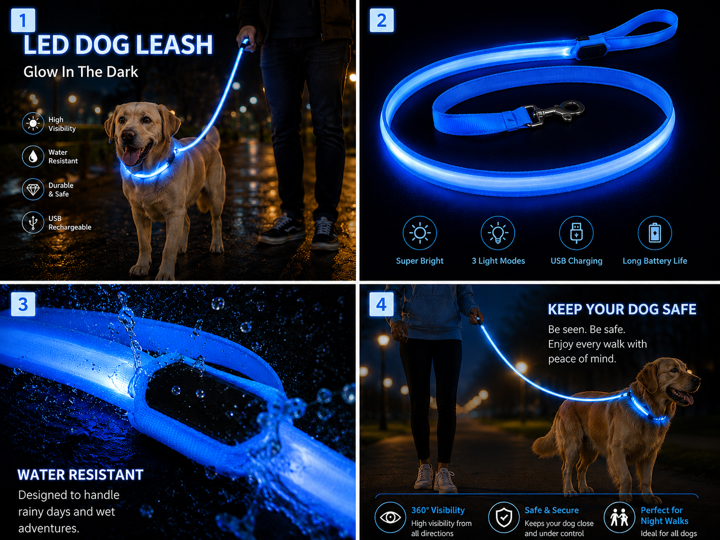 USB Rechargeable LED Dog Leash – Glowing Safety Leash with 3 Light Modes for Night Walking | Small, Medium & Large Dogs